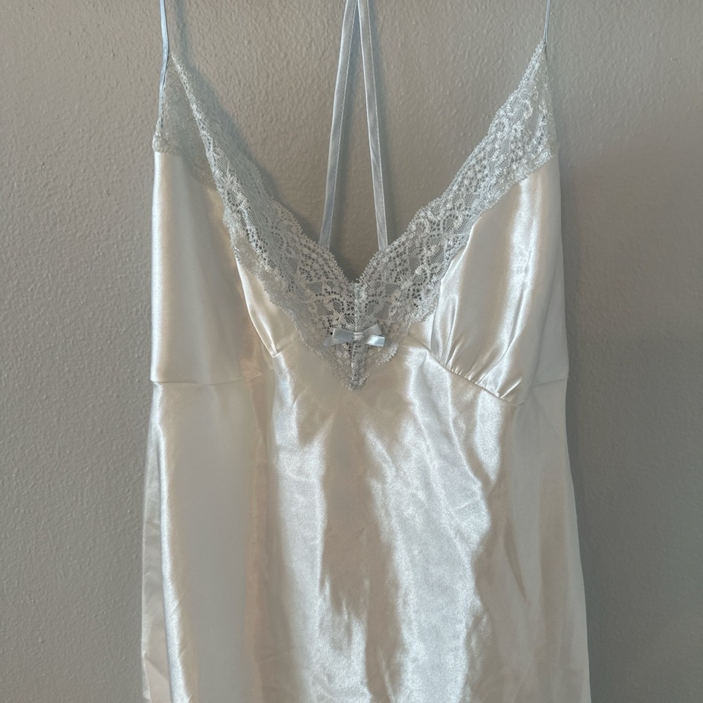 Linea Donatella Baby Blue Satin Chemise slip dress with Lace